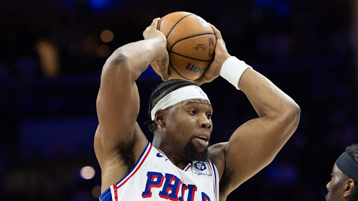 Jan 15, 2025; Philadelphia, Pennsylvania, USA; Philadelphia 76ers forward Guerschon Yabusele (28) in action against the New York Knicks during the fourth quarter at Wells Fargo Center. Mandatory Credit: Bill Streicher-Imagn Images Jan 15, 2025; Philadelphia, Pennsylvania, USA; Philadelphia 76ers forward Guerschon Yabusele (28) in action against the New York Knicks during the fourth quarter at Wells Fargo Center. Mandatory Credit: Bill Streicher-Imagn Images