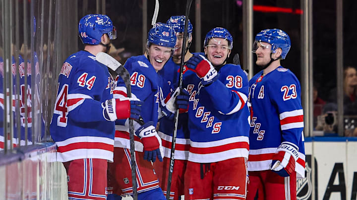 Apr 4, 2026; New York, New York, USA; New York Rangers right wing Jaroslav Chmelar (49) celebrates his goal against the Detroit Red Wings during the first period at Madison Square Garden. Mandatory Credit: Danny Wild-Imagn Images Apr 4, 2026; New York, New York, USA; New York Rangers right wing Jaroslav Chmelar (49) celebrates his goal against the Detroit Red Wings during the first period at Madison Square Garden. Mandatory Credit: Danny Wild-Imagn Images