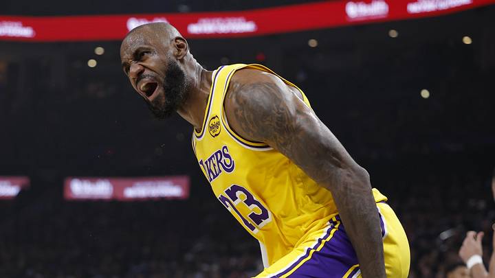 May 7, 2026; Oklahoma City, Oklahoma, USA; Los Angeles Lakers forward LeBron James (23) reacts after a play against the Oklahoma City Thunder in the first half during game two of the second round of the 2026 NBA Playoffs at Paycom Center. Mandatory Credit: Alonzo Adams-Imagn Images
