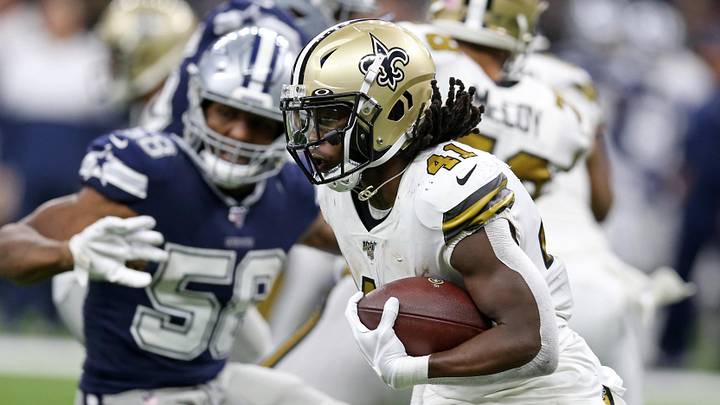 New Orleans Saints running back Alvin Kamara runs against the Dallas Cowboys at the Mercedes-Benz Superdome. New Orleans Saints running back Alvin Kamara runs against the Dallas Cowboys at the Mercedes-Benz Superdome.