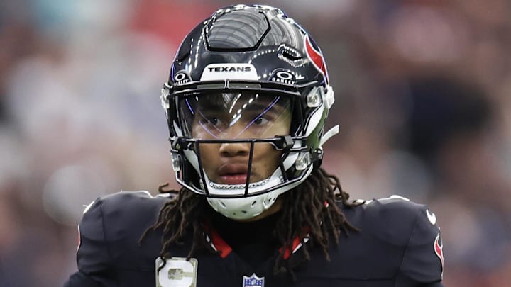 Nov 24, 2024; Houston, Texas, USA; Houston Texans quarterback C.J. Stroud (7) looks on during the two minute warning against the Tennessee Titans in the fourth quarter at NRG Stadium. Mandatory Credit: Thomas Shea-Imagn Images