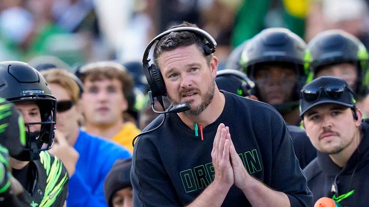 Oregon head coach Dan Lanning watches his final kickoff bounce down the sideline as the Oregon Ducks host the UCLA Bruins on Oct. 10, 2026, at Autzen Stadium in Eugene, Oregon. Oregon head coach Dan Lanning watches his final kickoff bounce down the sideline as the Oregon Ducks host the UCLA Bruins on Oct. 10, 2026, at Autzen Stadium in Eugene, Oregon.