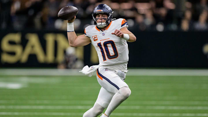Oct 17, 2024; New Orleans, Louisiana, USA; Denver Broncos quarterback Bo Nix (10) throws during the first quarter against the New Orleans Saints at Caesars Superdome. 