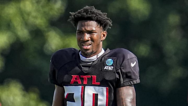 Jul 29, 2025; Atlanta, GA, USA; Atlanta Falcons cornerback Dee Alford (20) shown on the field during practice at training camp at IBM Performance Field. Mandatory Credit: Dale Zanine-Imagn Images