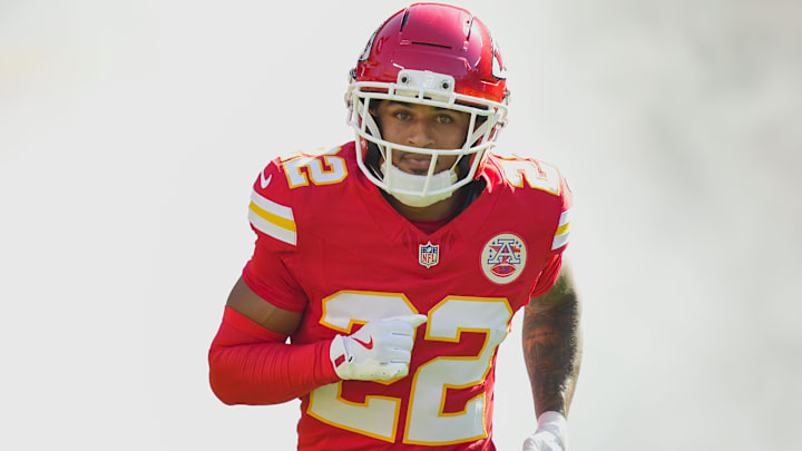 Sep 28, 2025; Kansas City, Missouri, USA; Kansas City Chiefs cornerback Trent McDuffie (22) takes the field prior to a game against the Baltimore Ravens at GEHA Field at Arrowhead Stadium. Mandatory Credit: Jay Biggerstaff-Imagn Images