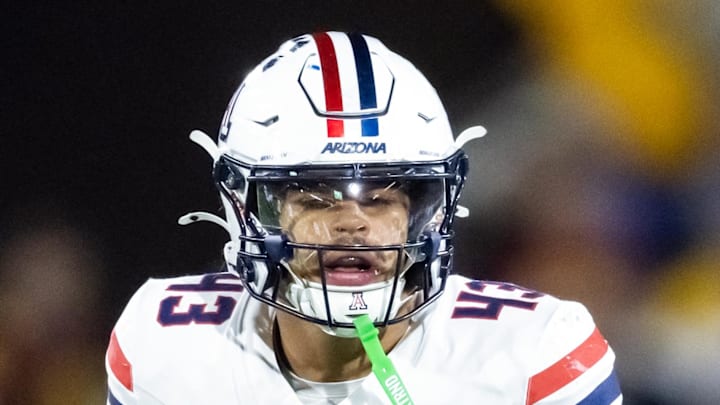 Nov 28, 2025; Tempe, Arizona, USA; Arizona Wildcats defensive back Dalton Johnson (43) against the Arizona State Sun Devils during the 99th Territorial Cup at Mountain America Stadium. Mandatory Credit: Mark J. Rebilas-Imagn Images