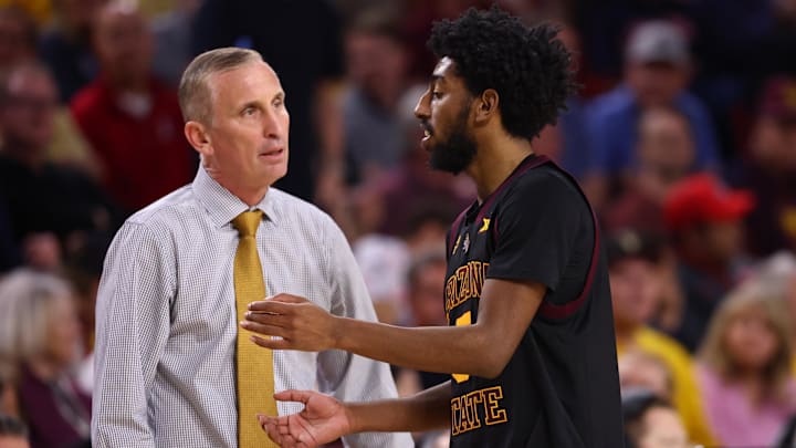 Jan 31, 2026; Tempe, Arizona, USA; Arizona State Sun Devils head coach Bobby Hurley with guard Maurice Odum (5) against the Arizona Wildcats at Desert Financial Arena. Mandatory Credit: Mark J. Rebilas-Imagn Images