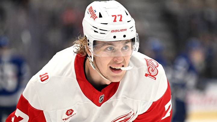 Jan 21, 2026; Toronto, Ontario, CAN;  Detroit Red Wings defenseman Simon Edvinsson (77) waits for play to resume after a time out against the Toronto Maple Leafs in the third period at Scotiabank Arena. Mandatory Credit: Dan Hamilton-Imagn Images