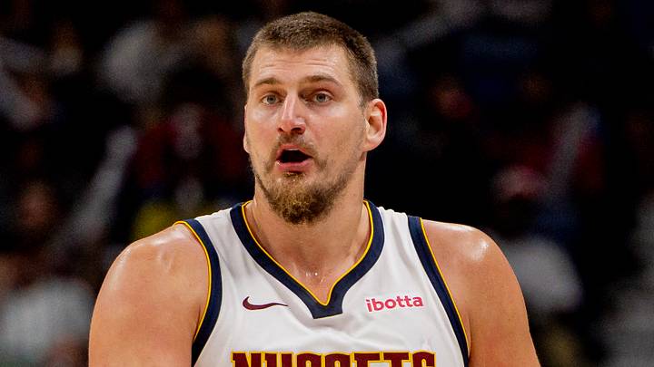 Nov 19, 2025; New Orleans, Louisiana, USA;  Denver Nuggets center Nikola Jokić (15) reacts to a play against the New Orleans Pelicans during the second half  at Smoothie King Center. Mandatory Credit: Stephen Lew-Imagn Images