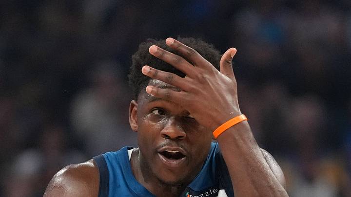 Mar 13, 2026; San Francisco, California, USA; Minnesota Timberwolves guard Anthony Edwards (5) reacts after being hit in the head against the Golden State Warriors in the first quarter at the Chase Center. Mandatory Credit: Cary Edmondson-Imagn Images
