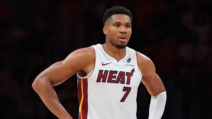 Oct 8, 2026; Miami, Florida, USA; Miami Heat forward Giannis Antetokounmpo (7) looks on against the New Orleans Pelicans during the second quarter at Kaseya Center. Mandatory Credit: Sam Navarro-Imagn Images