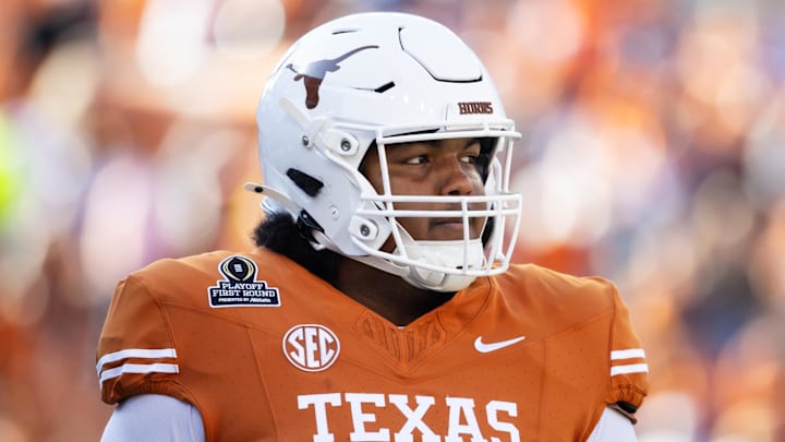 Dec 21, 2024; Austin, Texas, USA; Texas Longhorns offensive lineman Daniel Cruz (51) against the Clemson Tigers during the CFP National playoff first round at Darrell K Royal-Texas Memorial Stadium. Mandatory Credit: Mark J. Rebilas-Imagn Images