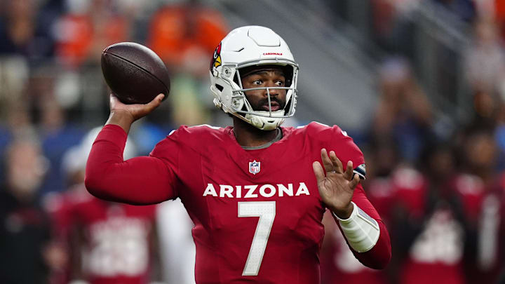 Aug 16, 2025; Denver, Colorado, USA; Arizona Cardinals quarterback Jacoby Brissett (7) during the first quarter against the Denver Broncos at Empower Field at Mile High. Mandatory Credit: Ron Chenoy-Imagn Images