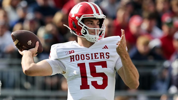Indiana quarterback Fernando Mendoza throws a pass during the first quarter against Penn State at Beaver Stadium.