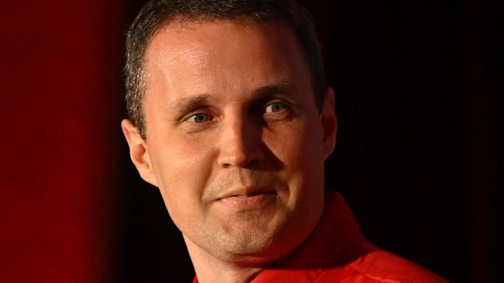 Oct 8, 2025; Charlotte, NC, USA; NC State head coach Will Wade answers questions from the media at The Hilton Charlotte Uptown. Mandatory Credit: William Howard-Imagn Images