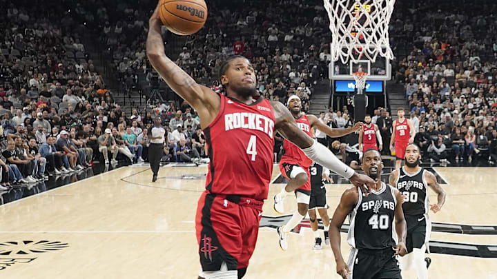 Oct 28, 2024; San Antonio, Texas, USA; Houston Rockets guard Jalen Green (4) goes up for a dunk during the second half against the San Antonio Spurs at Frost Bank Center. Mandatory Credit: Scott Wachter-Imagn Images