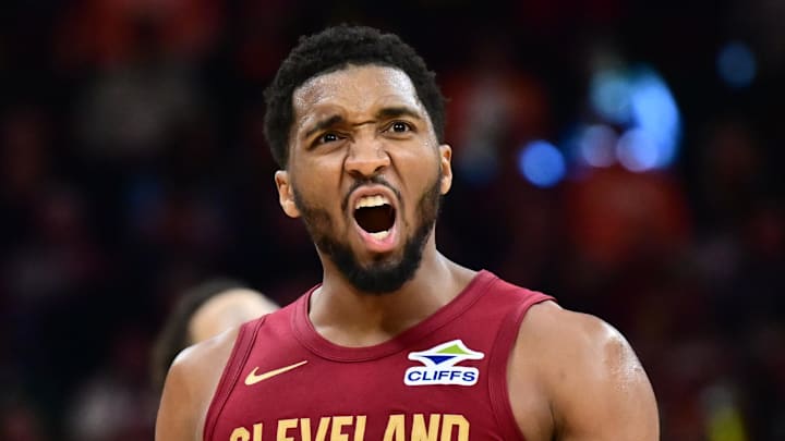 Apr 5, 2026; Cleveland, Ohio, USA; Cleveland Cavaliers guard Donovan Mitchell (45) reacts after a play during the second half against the Indiana Pacers at Rocket Arena. Mandatory Credit: Ken Blaze-Imagn Images