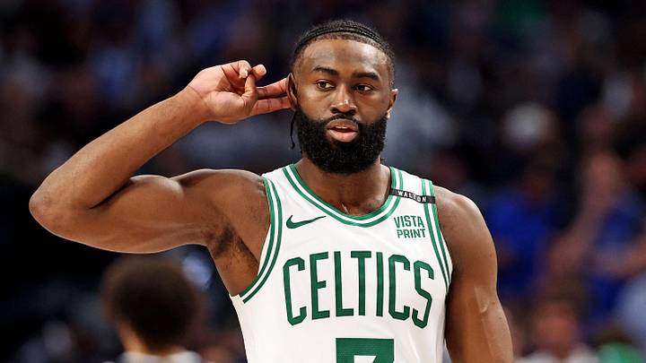 Boston Celtics guard Jaylen Brown (7) reacts to the crowd during the fourth quarter during game three of the 2024 NBA Finals against the Dallas Mavericks at American Airlines Center on June 12, 2024.