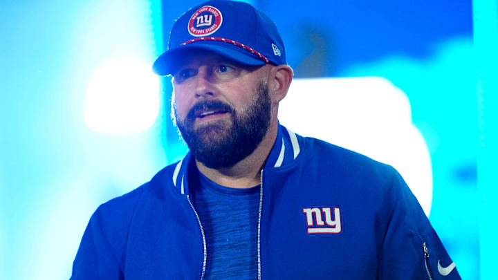 New York Giants Head Coach, Brian Daboll, takes the field just before kickoff, Sunday, October 13, 2024, in East Rutherford.