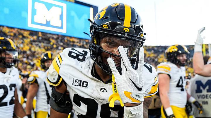 Iowa running back Kamari Moulton (28) celebrates 20-19 win over Michigan at Michigan Stadium in Ann Arbor on Saturday, Sept. 26, 2026. Iowa running back Kamari Moulton (28) celebrates 20-19 win over Michigan at Michigan Stadium in Ann Arbor on Saturday, Sept. 26, 2026.