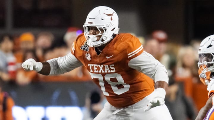 Dec 21, 2024; Austin, Texas, USA; Texas Longhorns offensive lineman Kelvin Banks Jr. (78) against the Clemson Tigers during the CFP National playoff first round at Darrell K Royal-Texas Memorial Stadium. Mandatory Credit: Mark J. Rebilas-Imagn Images