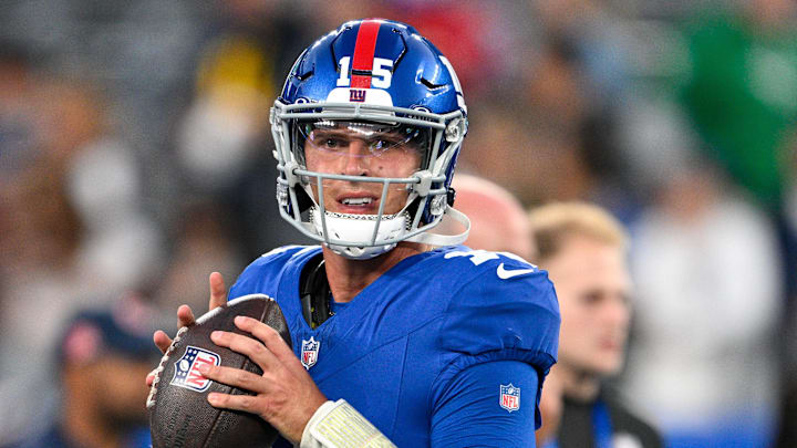 Aug 21, 2025; East Rutherford, New Jersey, USA; New York Giants quarterback Tommy DeVito (15) warms up before the game against the New England Patriots at MetLife Stadium. Aug 21, 2025; East Rutherford, New Jersey, USA; New York Giants quarterback Tommy DeVito (15) warms up before the game against the New England Patriots at MetLife Stadium.