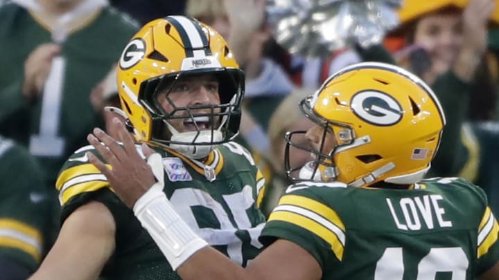 Green Bay Packers tight end Tucker Kraft (85) and quarterback Jordan Love celebrate a fourth quarter touchdown last week vs. the Bengals. Green Bay Packers tight end Tucker Kraft (85) and quarterback Jordan Love celebrate a fourth quarter touchdown last week vs. the Bengals.
