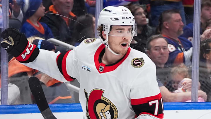 Apr 11, 2026; Elmont, New York, USA; Ottawa Senators center Ridly Greig (71) celebrates a shorthanded goal in the first period at UBS Arena. Mandatory Credit: Alexander Wohl-Imagn Images