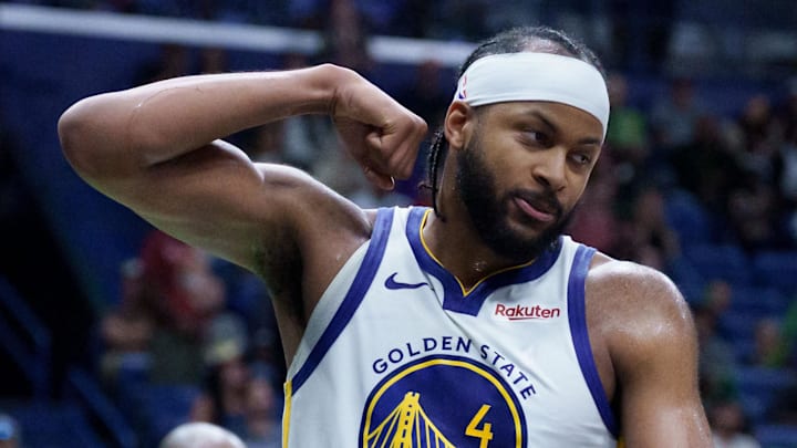 Nov 16, 2025; New Orleans, Louisiana, USA; Golden State Warriors guard Moses Moody (4) reacts after a dunk against the New Orleans Pelicans during the second half at Smoothie King Center. Mandatory Credit: Matthew Hinton-Imagn Images Nov 16, 2025; New Orleans, Louisiana, USA; Golden State Warriors guard Moses Moody (4) reacts after a dunk against the New Orleans Pelicans during the second half at Smoothie King Center. Mandatory Credit: Matthew Hinton-Imagn Images