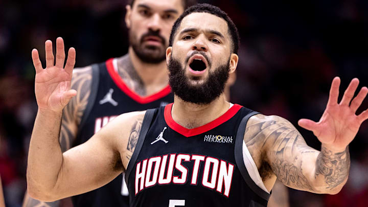 Dec 26, 2024; New Orleans, Louisiana, USA;  Houston Rockets guard Fred VanVleet (5) reacts to a play against the New Orleans Pelicans during the first half at Smoothie King Center. Mandatory Credit: Stephen Lew-Imagn Images