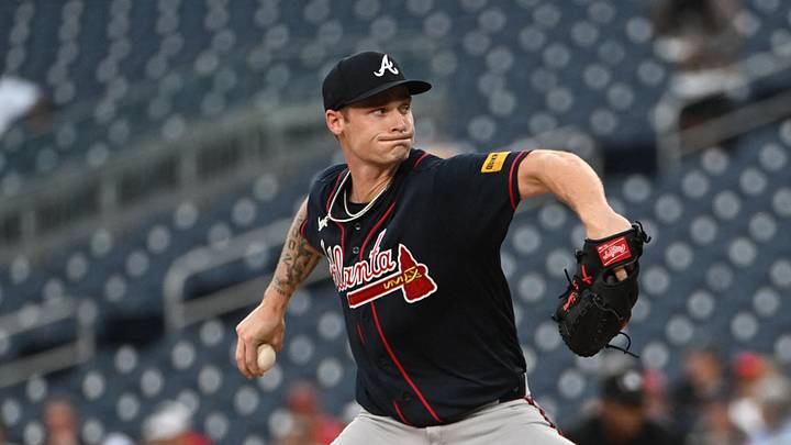 Sep 1, 2026; Washington, District of Columbia, USA; Atlanta Braves pitcher AJ Smith-Shawver (32) throws to the Washington Nationals during the second inning at Nationals Park. Mandatory Credit: Brad Mills-Imagn Images