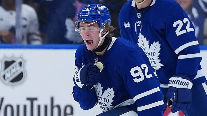 Oct 6, 2026; Toronto, Ontario, CAN;  Toronto Maple Leafs left wing Gavin McKenna (92) celebrates scoring his first NHL career goal against the Nashville Predators during the second period at Scotiabank Arena.  Mandatory Credit: Nick Turchiaro-Imagn Images