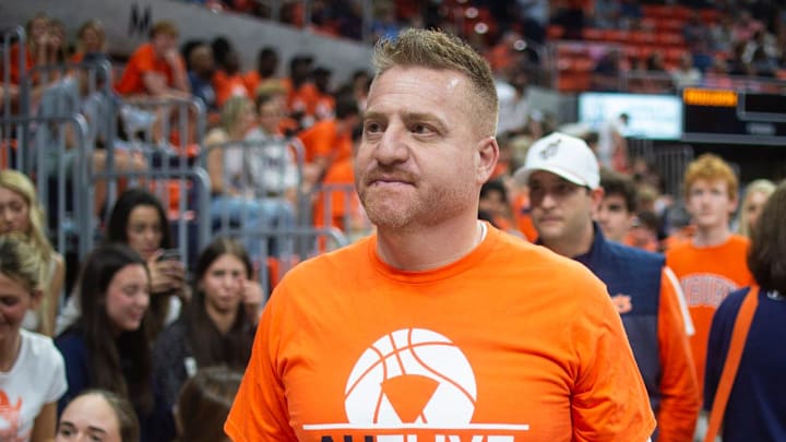 Auburn Tigers football coach Alex Golesh joins the crowd as Auburn Tigers basketball takes on Kentucky Wildcats at Neville Arena in Auburn, Ala. on Saturday, Feb. 21, 2026. Auburn Tigers football coach Alex Golesh joins the crowd as Auburn Tigers basketball takes on Kentucky Wildcats at Neville Arena in Auburn, Ala. on Saturday, Feb. 21, 2026.