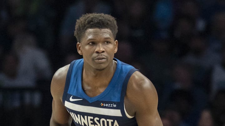 Feb 11, 2026; Minneapolis, Minnesota, USA; Minnesota Timberwolves guard Anthony Edwards (5) dribbles the ball against the Portland Trail Blazers in the second half at Target Center. Mandatory Credit: Jesse Johnson-Imagn Images