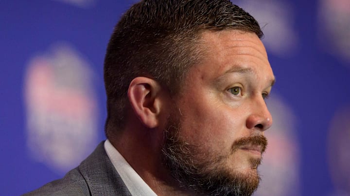Oregon head coach Dan Lanning listens to a reporter’s question during the head coaches’ press conference ahead of the Peach Bowl at the College Football Hall of Fame in Atlanta, Georgia, on Jan. 8, 2026.