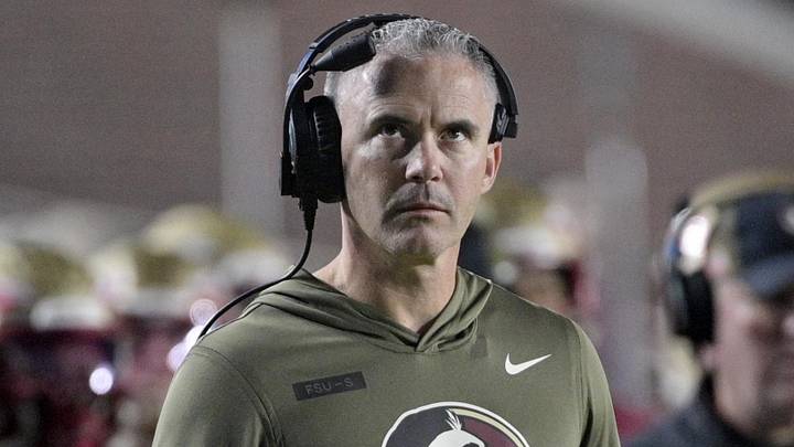 Nov 15, 2025; Tallahassee, Florida, USA; Florida State Seminoles head coach Mike Norvell during the second half against the Virginia Tech Hokies at Doak S. Campbell Stadium. Mandatory Credit: Melina Myers-Imagn Images