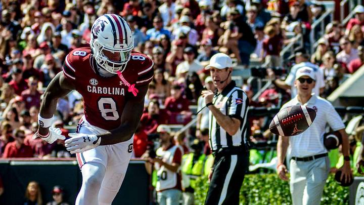 South Carolina wide receiver Nyck Harbor lets a ball go for a touchback against Oklahoma. South Carolina wide receiver Nyck Harbor lets a ball go for a touchback against Oklahoma.