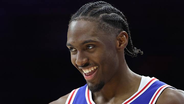 Philadelphia 76ers guard Tyrese Maxey (0) reacts during the third quarter against the Chicago Bulls at Wells Fargo Center on February 24, 2025.
