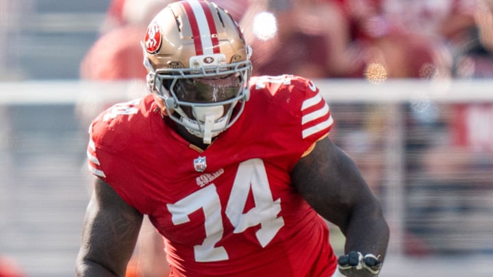 August 9, 2025; Santa Clara, California, USA; San Francisco 49ers offensive tackle Spencer Burford (74) during the first quarter against the Denver Broncos at Levi's Stadium. Mandatory Credit: Kyle Terada-Imagn Images