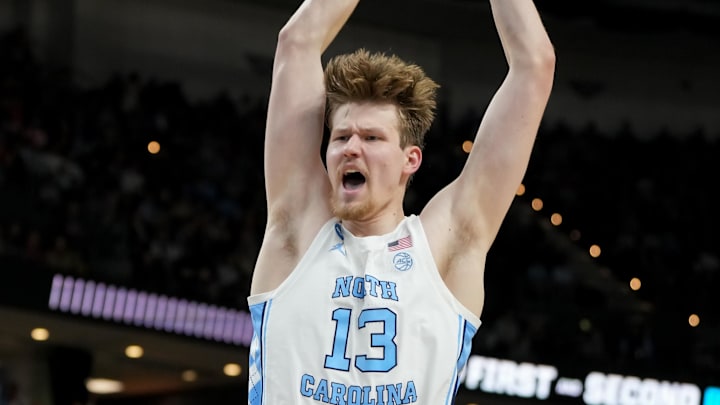 Mar 19, 2026; Greenville, SC, USA; North Carolina Tar Heels center Henri Veesaar (13) reacts after a play against the VCU Rams in the second half of a first round game of the men's 2026 NCAA Tournament at Bon Secours Wellness Arena. Mandatory Credit: Bob Donnan-Imagn Images Mar 19, 2026; Greenville, SC, USA; North Carolina Tar Heels center Henri Veesaar (13) reacts after a play against the VCU Rams in the second half of a first round game of the men's 2026 NCAA Tournament at Bon Secours Wellness Arena. Mandatory Credit: Bob Donnan-Imagn Images