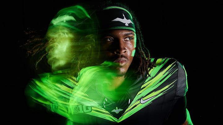 Oregon Ducks receiver Dakorien Moore in "Origin of Speed," the last jersey of "Generation O" between Nike and Oregon. Oregon Ducks receiver Dakorien Moore in "Origin of Speed," the last jersey of "Generation O" between Nike and Oregon.