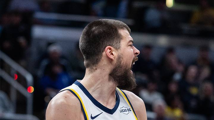 Mar 18, 2026; Indianapolis, Indiana, USA; Indiana Pacers center Ivica Zubac (40) reacts to a basket in the first half against the Portland Trail Blazers at Gainbridge Fieldhouse. Mandatory Credit: Trevor Ruszkowski-Imagn Images
