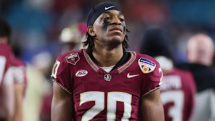 Dec 30, 2023; Miami Gardens, FL, USA;Florida State Seminoles defensive back Azareye'h Thomas (20) reacts after the 2023 Orange Bowl at Hard Rock Stadium. Mandatory Credit: Sam Navarro-Imagn Images Dec 30, 2023; Miami Gardens, FL, USA;Florida State Seminoles defensive back Azareye'h Thomas (20) reacts after the 2023 Orange Bowl at Hard Rock Stadium. Mandatory Credit: Sam Navarro-Imagn Images