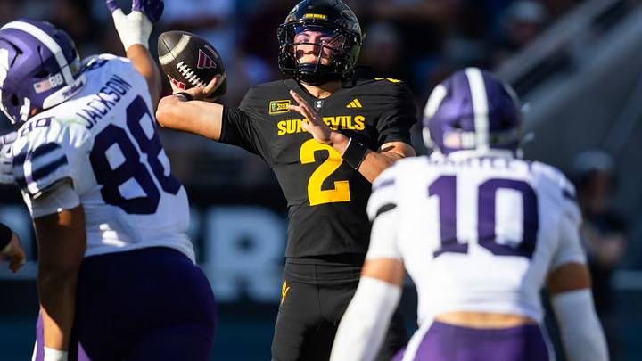Oct 24, 2026; Tempe, Arizona, USA; Arizona State Sun Devils quarterback Jake Fette (2) against the Kansas State Wildcats in the second half at Mountain America Stadium.