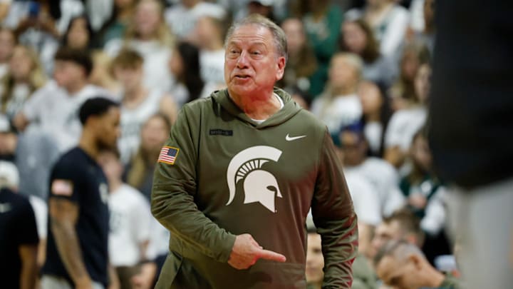 Michigan State head coach Tom Izzo yells to his players during a game against San Jose State on Thursday, Nov. 13, 2025.