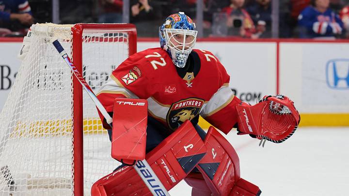Feb 26, 2026; Sunrise, Florida, USA; Florida Panthers goaltender Sergei Bobrovsky (72) defends his net against the Toronto Maple Leafs during the second period at Amerant Bank Arena. Mandatory Credit: Sam Navarro-Imagn Images