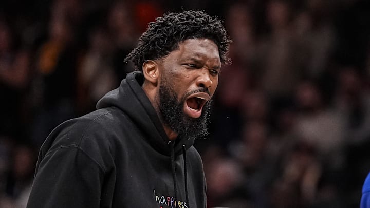 Mar 7, 2026; Atlanta, Georgia, USA; Philadelphia 76ers center/forward Joel Embiid (21) reacts to the official during the game against the Atlanta Hawks during the second half at State Farm Arena. Mandatory Credit: Dale Zanine-Imagn Images