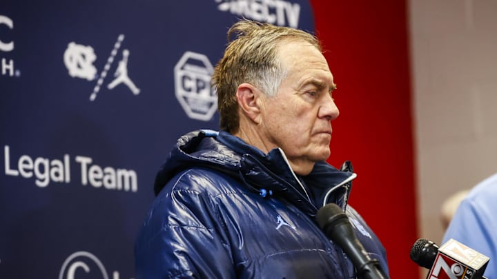 Nov 29, 2025; Raleigh, North Carolina, USA;  North Carolina Tar Heels head coach Bill Belichick addresses the media after the second half of the game against NC State Wolfpack at Carter-Finley Stadium.  Mandatory Credit: Jaylynn Nash-Imagn Images