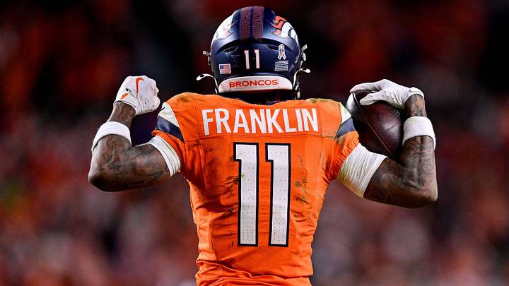 Denver Broncos wide receiver Troy Franklin (11) celebrates after a fourth quarter catch and first down against the Kansas City Chiefs. Denver Broncos wide receiver Troy Franklin (11) celebrates after a fourth quarter catch and first down against the Kansas City Chiefs.