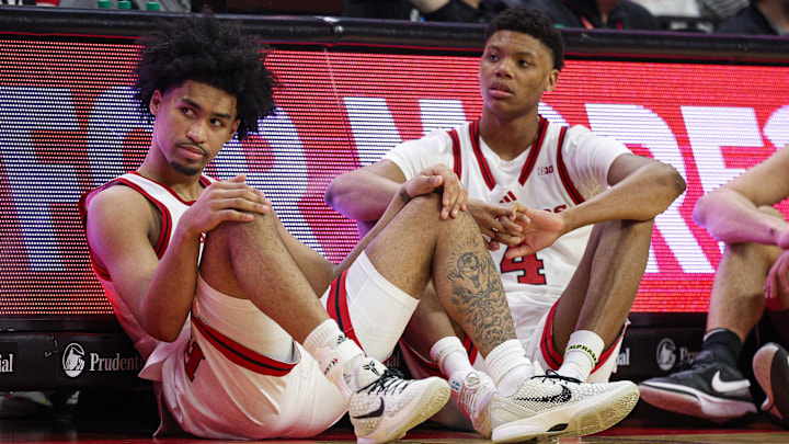 Mar 9, 2025; Piscataway, New Jersey, USA; Rutgers Scarlet Knights guard Dylan Harper (2) and Rutgers Scarlet Knights guard Ace Bailey (4) looks on during the second half against the Minnesota Golden Gophers at Jersey Mike's Arena. Mandatory Credit: Vincent Carchietta-Imagn Images
